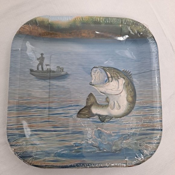 Gone Fishing Party Plates 7.25 Inch Square 8 Count - Picture 1 of 5